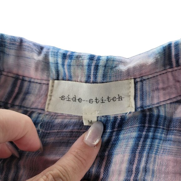 Side Stitch Plaid Button-Up Shirt M 100% Cotton  Pink & Blue light knit fall - Picture 5 of 6